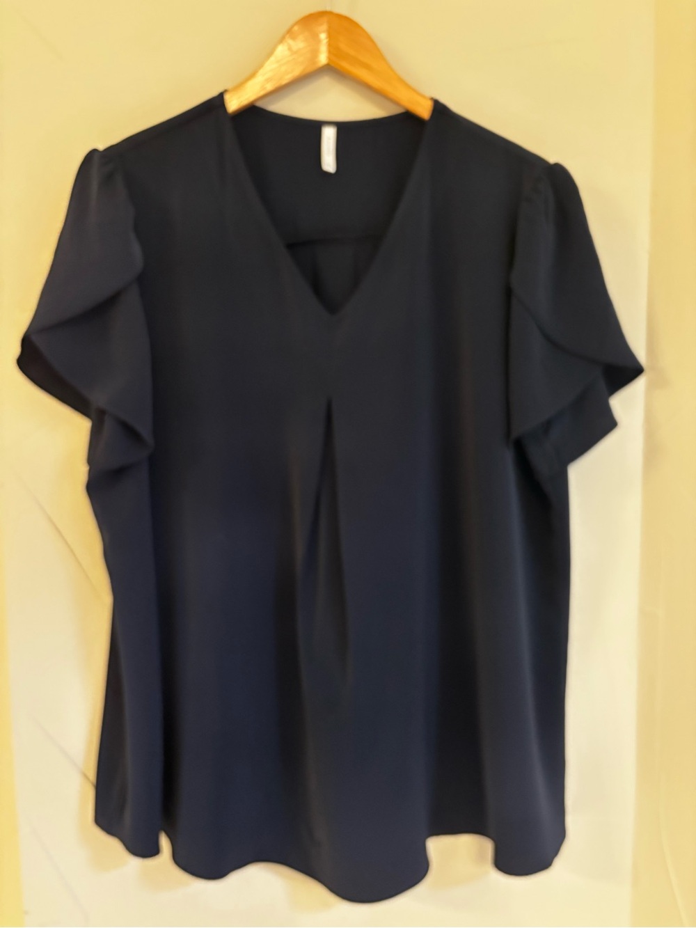 Navy V-Neck Ruffle Sleeve Blouse - Women